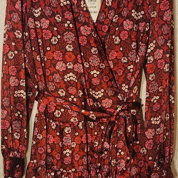 Floral Wrap Dress Red and Pink Silky Eco Friendly Recycled Fabric Fall Workwear - Picture 2 of 7